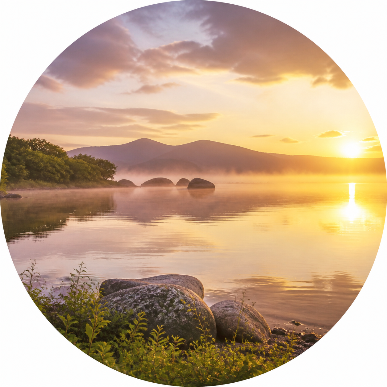 Lagoa tranquila ao amanhecer entre montanhas